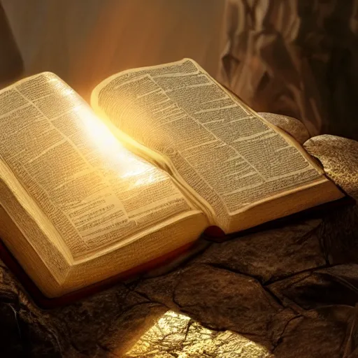 Prompt: photorealistic Bible, on a rock, heavenly light shining onto it, golden light, aura, cgsociety, artstationhq, digital art, detailed