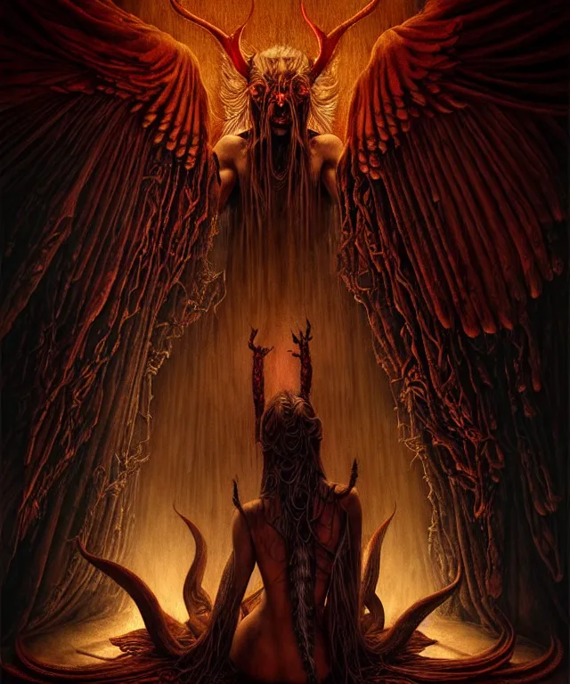 Image similar to epic professional digital art of god's bargain with lucifer, horrific yet beautiful vibe, evocative, atmospheric lighting, painted, intricate, highly detailed, by leesha hannigan, wayne haag, reyna rochin, ignacio fernandez rios, mark ryden, iris van herpen, artstation, cgsociety, stunning, gorgeous, sharp focus, cinematic, masterpiece