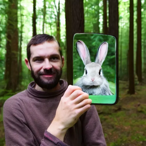 Image similar to photo of a man holding a mirror in a forest with a bunny on his shoulder