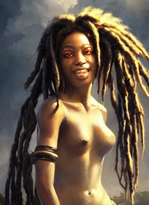 Image similar to girl with black dreadlocks, beautiful highly detailed face, complementary lighting, backlit, black eyeshadow, grinning, adventure, dramatic lighting, landscape background, beautiful painting by artgerm and greg rutkowski and raymond swanland