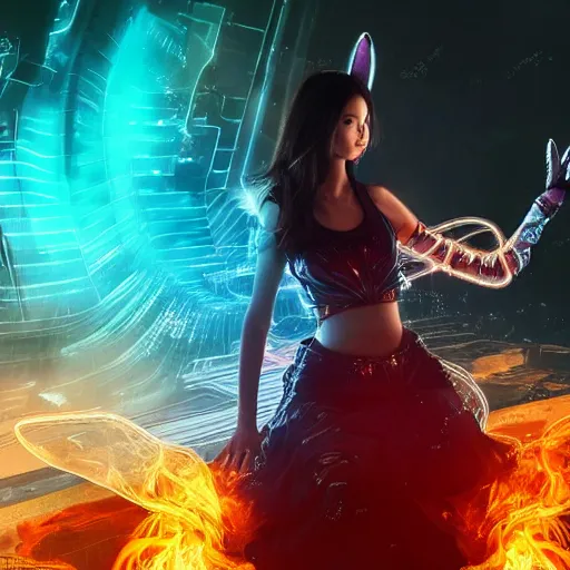 Prompt: a girl like yoona, in a glowing skirt, cybernetic bunny ears, casting fire spell in shape of a butterfly, background cyberpunk spaceship, full shot, photo, geometries, Fibonacci volumetric lighting, epic composition, intricate details, dark neon punk, by denis villeneuve and WLOP