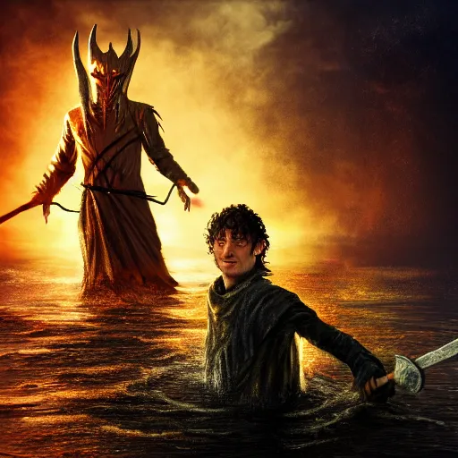 Image similar to lord sauron drowning while frodo is laughing, digital art, trending on art station, high quality, uhd 8 k, beautiful, golden hour, intricate detail, high gradient, raytracing