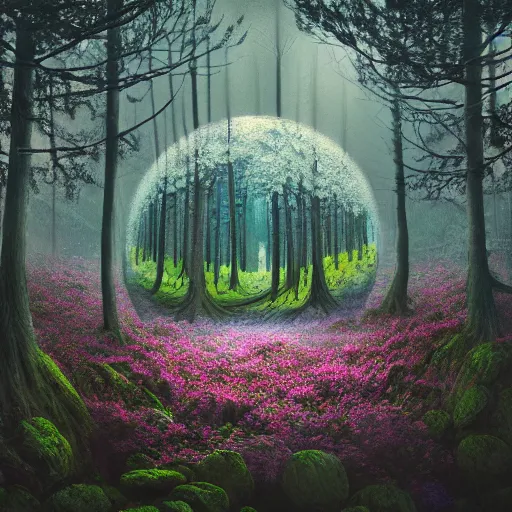 Prompt: a painting of a forest with flowers inside a circle, digital art by mike winkelmann, shutterstock contest winner, fantasy art, mystical, reimagined by industrial light and magic, enchanting