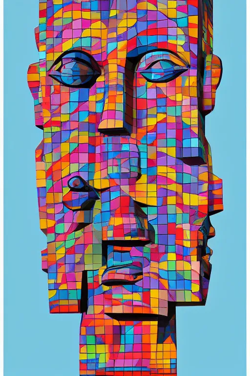 Image similar to cubist moai statue cutout digital illustration cartoon colorful beeple