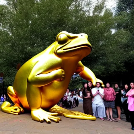 Prompt: people worship a huge golden frog statue