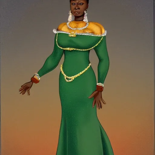 Prompt: An ethnically african duchess with an updo wearing an emerald dress and gold jewelry, fantasy character portrait