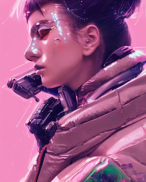 Image similar to detailed side profile portrait Neon Operator Girl, cyberpunk futuristic neon, reflective puffy coat, decorated with traditional Japanese ornaments by Ismail inceoglu dragan bibin hans thoma greg rutkowski Alexandros Pyromallis Nekro Rene Maritte Illustrated, Perfect face, fine details, realistic shaded, fine-face, pretty face