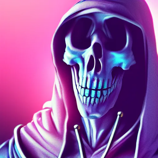 Image similar to skeletor in hoodie, portrait, vaporwave, synthwave, neon, vector graphics, cinematic, volumetric lighting, f 8 aperture, cinematic eastman 5 3 8 4 film, photorealistic