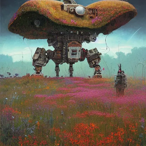 Image similar to a hyperdetailed national geographic photo of an abandoned apocalyptic robot partially covered in overgrown wildflowers by jakub rozalski by moebius by rhads by roger dean by paul lehr