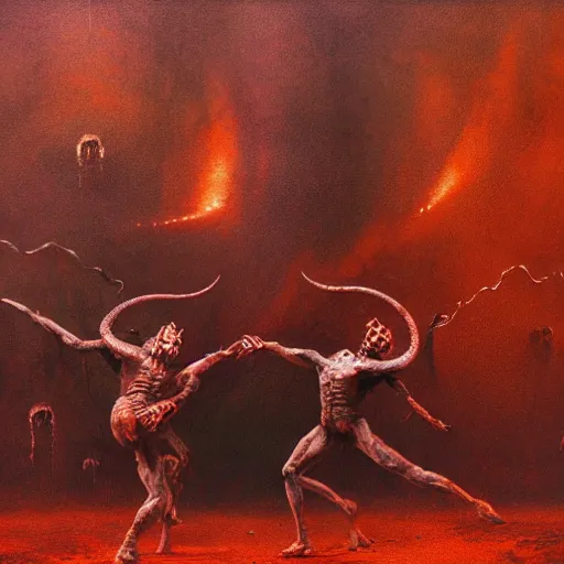 Image similar to two demons dance ballet in hell, beksinski, dariusz zawadzki, very coherent symmetrical artwork. cinematic, hyper realism, high detail, octane render, 8 k