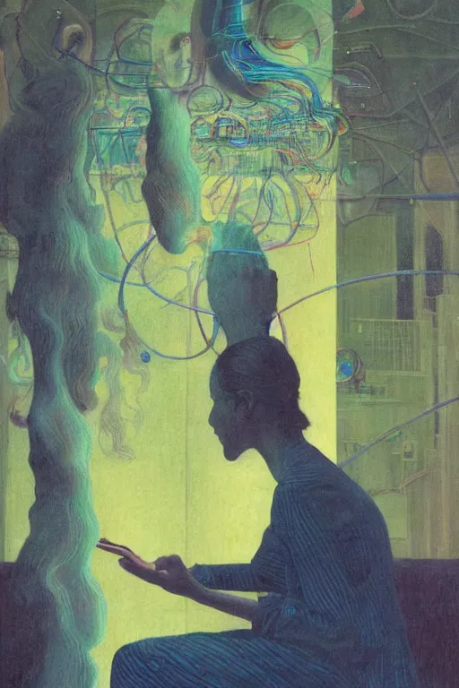 Prompt: realistic portrait of an engineer woman programming the samsara holy cluster, fine portrait, concept art, stunning, visionary, hyper realistic, detailed, by brecht evens, by jean delville, by francis bacon