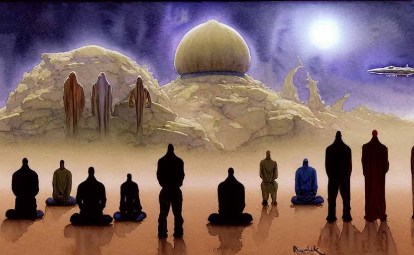 Prompt: a hyperrealist watercolour character concept art portrait of a group of middle eastern men kneeling down in prayer to a tall elegant lovecraftian alien on a misty night in the desert.. a battlecruiser starship is in the background. by rebecca guay, michael kaluta, charles vess and jean moebius giraud