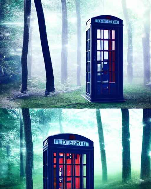 Image similar to bill and ted phone booth in the woods, hyper realism, cinematic, volumetric lighting, octane render, unreal engine, 8 k, concept art, digital art, deviantart artstation,