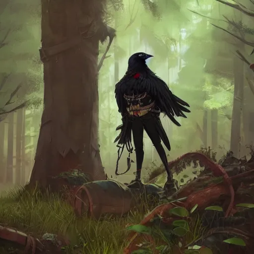 Image similar to concept art painting of a person with a head of a crow, with steampunk clothes, in the deep forest, realistic, detailed, cel shaded, in the style of makoto shinkai and greg rutkowski and james gurney