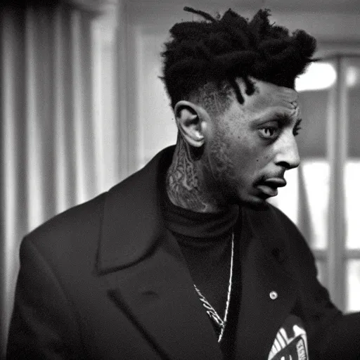 Prompt: vintage noir film still of rapper 21 Savage starring in a Horror film in the style of Wes Craven, shallow depth of field, 1933