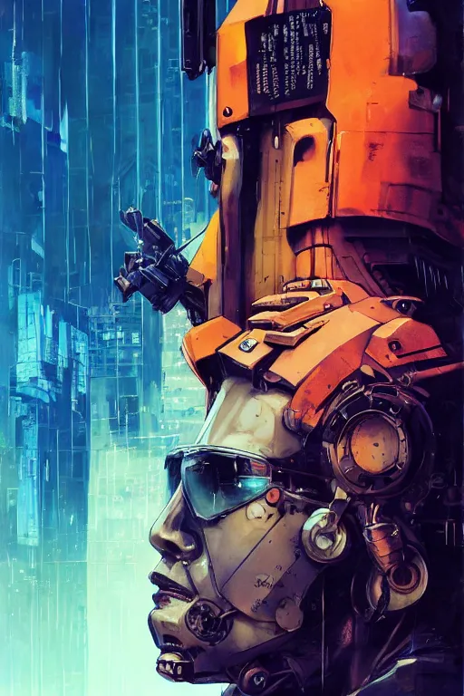 Prompt: cyberpunk military character ( blade runner 2 0 4 9, dystopian, cyberpunk 2 0 7 7 character design ). attractive face. portrait by james gurney and laurie greasley and yoji shinkawa, oil on canvas. cinematic composition, hyper realism, realistic proportions, anatomy, dramatic lighting, photorealistic, high detail, 4 k