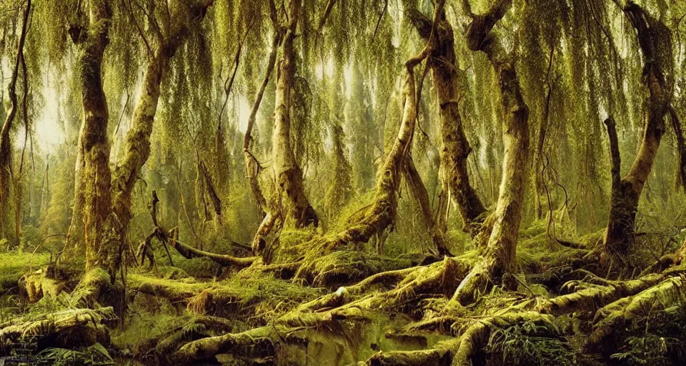 Image similar to looking up at on ancient willow forest, hemlocks, moss, stream, intricate, vivid colors, elegant, highly detailed, ivan shishkin, john park,