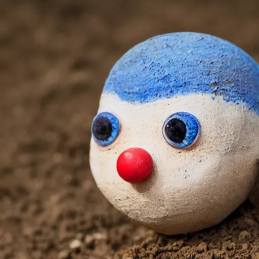 Image similar to photo of a small round creature made of dirt with round blue eyes and a round clown nose and a cute smile