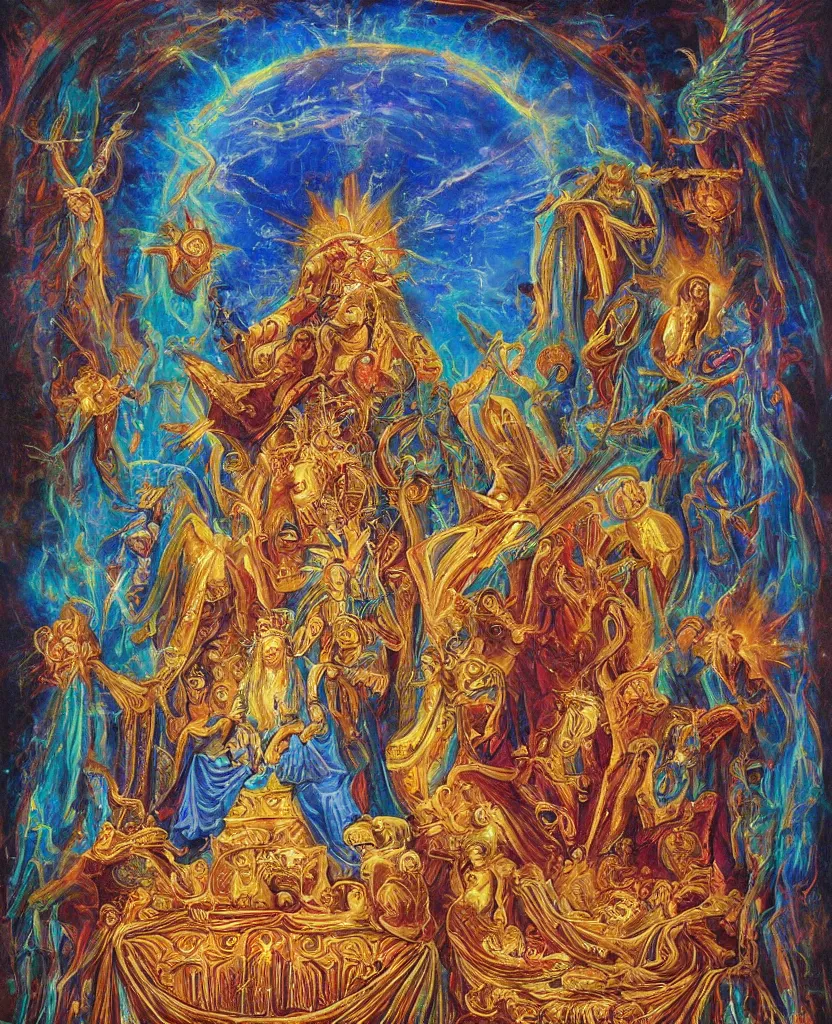 Prompt: holy throne of the gnostic god, award winning oil painting, iridescent aberration celestial color palette