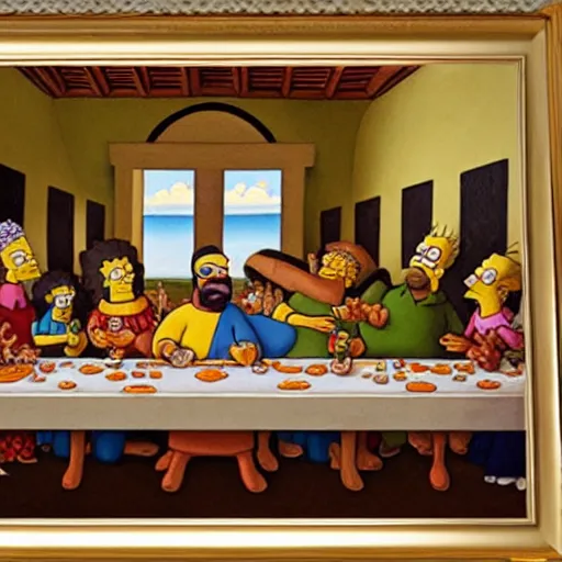 Prompt: last supper with the simpsons characters, art, trending in artsation, winning award painting, oleo style, framed paint, homer is breaking the bread