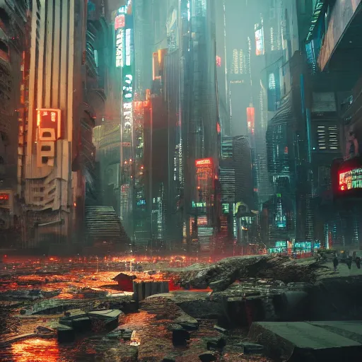 Image similar to a giant terrifying stream destroying a dystopian city, cyberpunk, sharp focus, dynamic lights, still, photograph, hyper realistic, masterpiece, octane render, rendered, 3 d, cinematic, cinematic lighting, dramatic lighting, highly detailed, intricate details, texture, cinematic composition, by donglu yu and kevin jick and eddie del rio