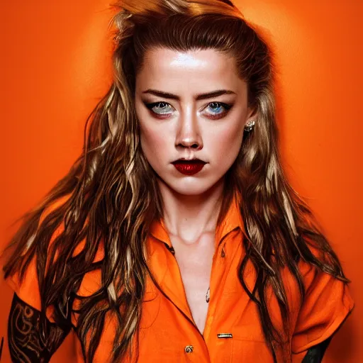 Prompt: amber heard with tattoos on forehead in orange prison uniform, ultra realistic, canon 3 5 mm portrait photography, 8 k