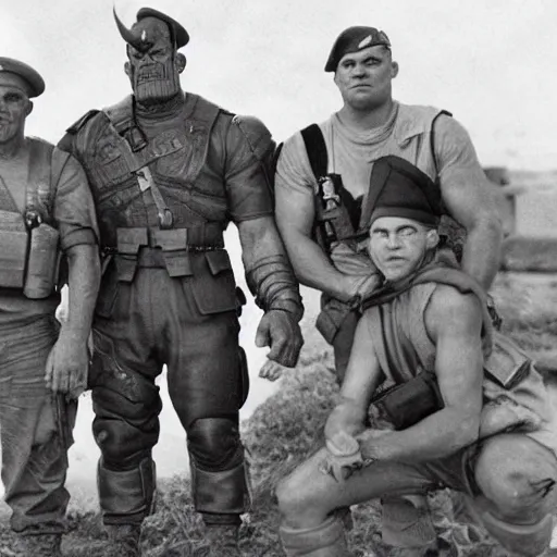 Prompt: thanos with american soldiers during ww2