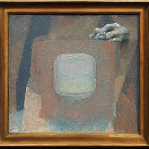 Image similar to an impasto painting by shaun tan of a forgotten abstract sculpture by the caretaker and ivan seal