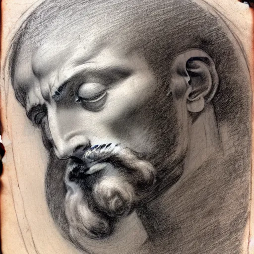 Prompt: unfinished study of mans face. michelangelo, early sixteenth century. red chalk on paper.