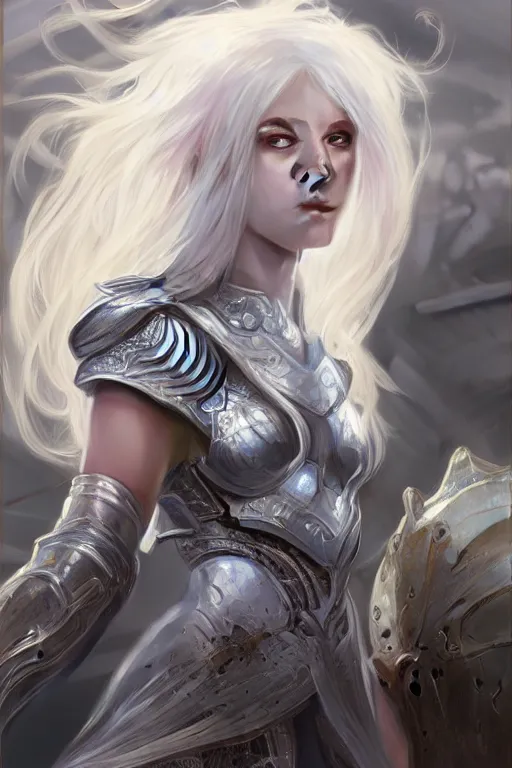 Image similar to portrait white hair knights of zodiac girl, sliver ice color reflected armor, in ruined agora of athens sunrise, ssci - fi and fantasy, intricate and very very beautiful and elegant, highly detailed, digital painting, artstation, concept art, smooth and sharp focus, illustration, art by tian zi and wlop and alphonse mucha