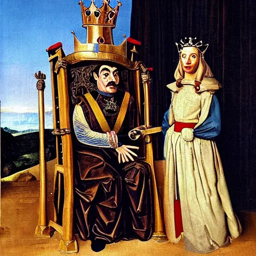 Prompt: A still of Mr. bean depicted as a medieval king on a throne, renaissance oil painting by Salvador Dali