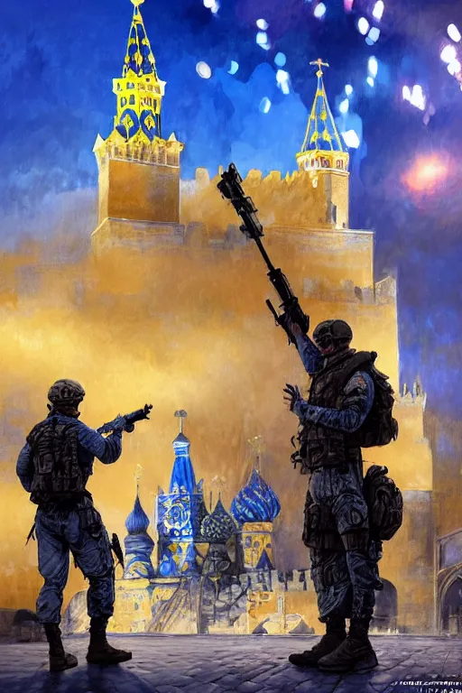 Image similar to special forces soldier installin ukrainian blue and yellow flag on red square kremlin, masculine figure, d & d, fantasy, bright atmosphere, volumetric lights, intricate, elegant, extremely detailed, digital painting, artstation, concept art, matte, smooth, sharp focus, hyper realistic, illustration, art by artgerm and greg rutkowski and alphonse mucha