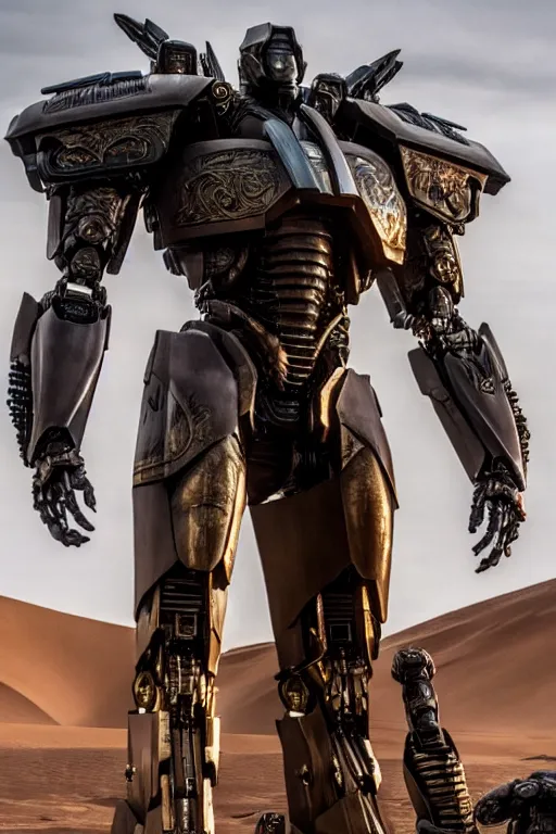 Image similar to cinematic still in dune movie and pacific rim movie and ps 5 game machine warrior 5, intricate ornate humanoid mecha warrior,