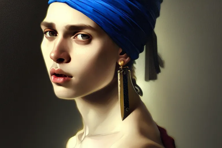 Image similar to Boy with a black pearl earring, portrait, sharp focus, intricate, elegant, digital painting, artstation, matte, highly detailed, concept art, illustration, ambient lighting, art by artgerm, Alphonse mucha, and Greg Rutkowski