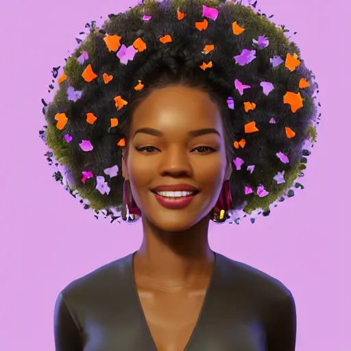 Prompt: portrait of a smiling beautiful black woman who looks like nia long with big curly afro surrounded by falling flower petals with lush savannah in the background by argerm, face by wlop, full color digital illustration trending on artstation, octane render