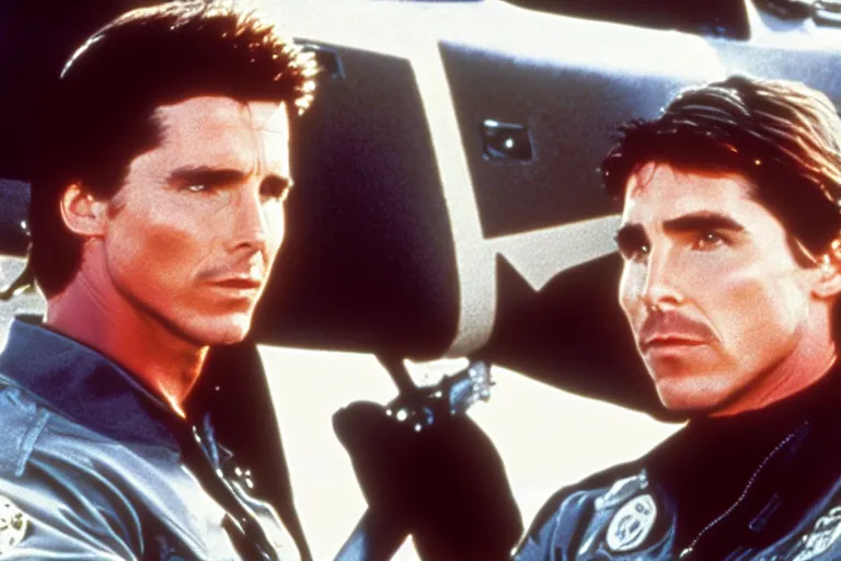 Image similar to film still of Christian Bale as Maverick in Top Gun 1986