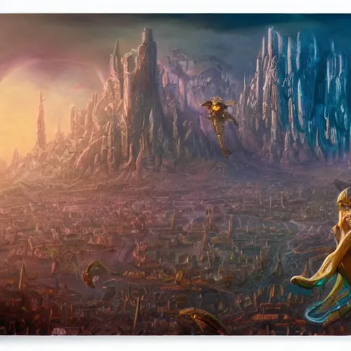 Image similar to a detailed fantasy painting of a robot city with a lot of aliens running up that hill with Kate Bush, by lauri blank, artgerm, evelyn de morgan, 8K, 50mm lens