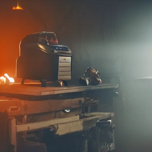 Image similar to cyborg with toaster oven chest, dark messy smoke - filled cluttered workshop, dark, dramatic lighting, orange tint, sparks, cinematic, highly detailed, sci - fi, futuristic, movie still