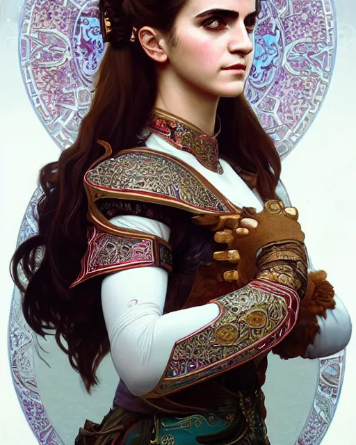 Image similar to portrait of a turkish masculine female emma watson cyberpunk machine, machine face, upper half portrait, decorated with ottoman opera motifs, muscular, asian, fine china, wuxia, traditional chinese art, intricate intense elegant, highly detailed symmetry headpiece digital painting artstation concept art smooth sharp focus illustration, art by artgerm and greg rutkowski alphonse mucha 8 k