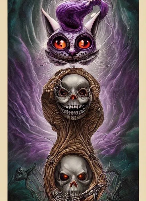 Image similar to cheshire cat death tarot card, highly detailed, half skull face, cinematic, 8 k, bymegan duncanson, benjamin lacombe, naoto hattori, adrian borda, giger, trending on deviantart, hyper detailed, horror, full of colour