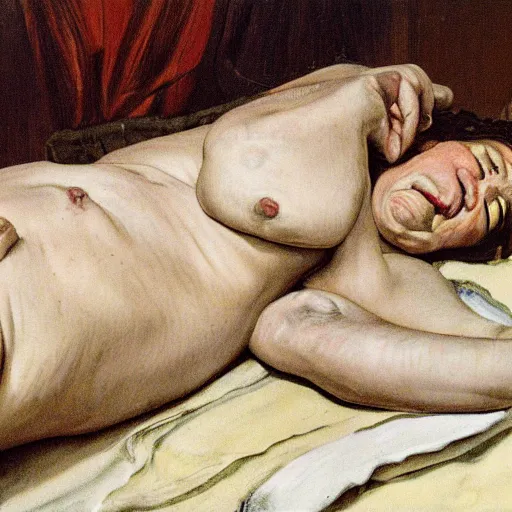 Prompt: lucian freud painting of old ema stone laying down on a victorian bed in a big old room