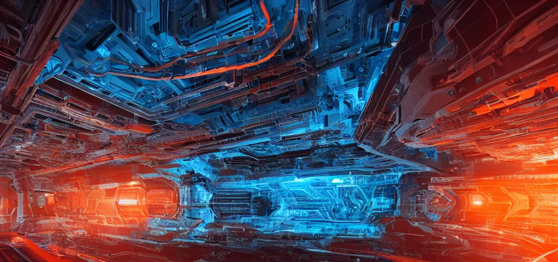 Prompt: epic sci - fi mothership interior and exteror - machinery, tubes wires path intricate high detail matte painting masterpiece orange blue warm tones quiet