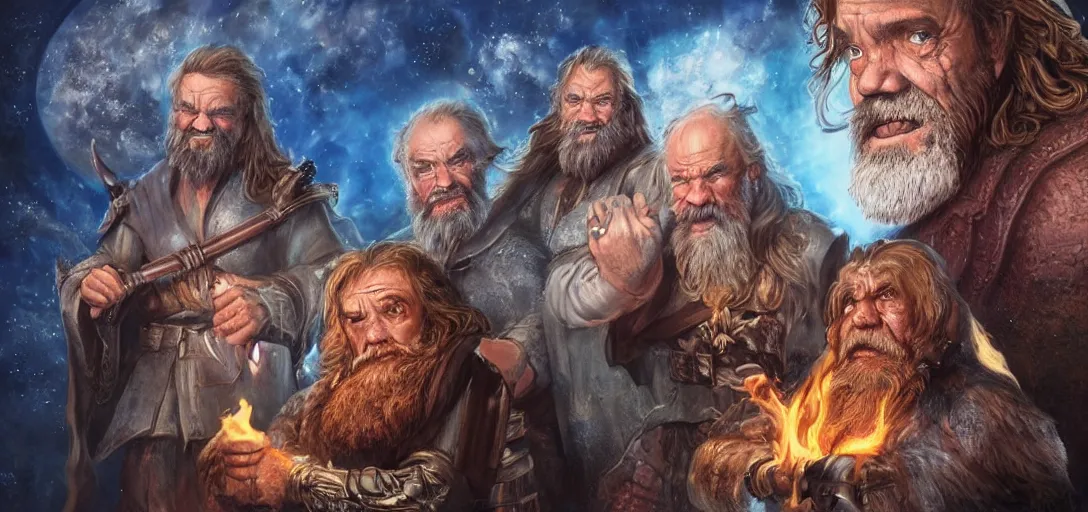 Image similar to Eitri (played by Peter Dinklage), Gimli (played by John Rhys-Davies), and Papa Smurf (played by Kenny Rogers). Cosmic crime fighting trio. beside glowing fire in cave. outer space background visible through cave entrance. Volumetric lighting. by Stanley Artgerm Lau, WLOP, Rossdraws, James Jean, Andrei Riabovitchev, Marc Simonetti, and Sakimichan, trending on artstation