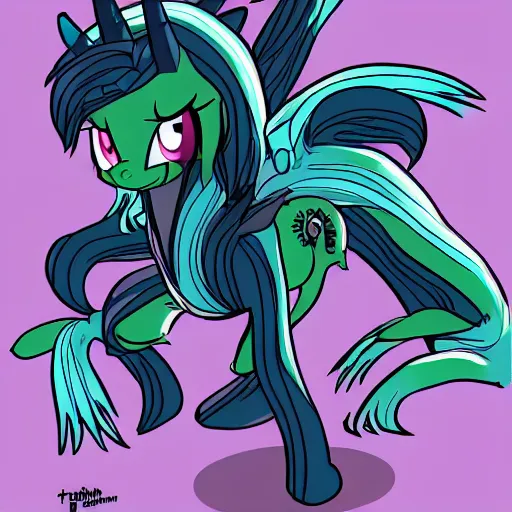 Image similar to hybrid between a xenomorph and a my little pony