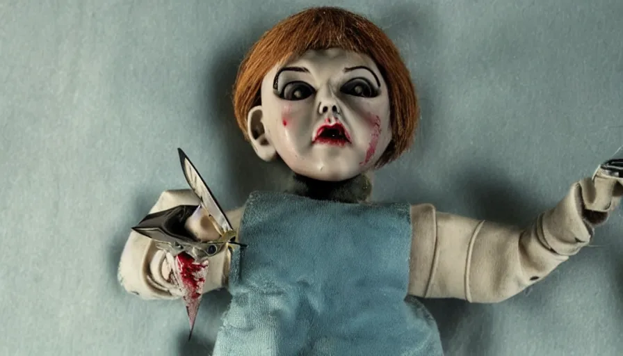 Image similar to big budget horror movie about an evil killer doll with a scalpel