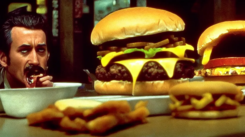 Image similar to the strange creature eats a cheeseburger at the fast food place, film still from the professional commercial directed by denis villeneuve and david cronenberg with art direction by salvador dali and zdzisław beksinski, wide lens