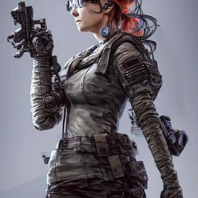 Image similar to the portrait of lawful neutral female cyberpunk infantry sniper as absurdly beautiful, gorgeous, elegant, young woman looking up, an ultrafine hyperdetailed illustration by kim jung gi, irakli nadar, intricate linework, bright colors, octopath traveler, final fantasy, unreal engine 5 highly rendered, global illumination, radiant light, detailed and intricate environment