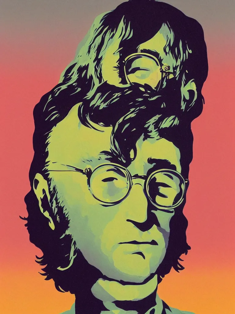 Image similar to a closeup portrait of john lennon next to a ufo, taking mind altering drugs, a blotter paper of lsd acid and dreaming psychedelic hallucinations in a vast desert landscape, by kawase hasui, moebius, edward hopper, colorful flat surreal design, dramatic lighting, hd, 8 k, artstation