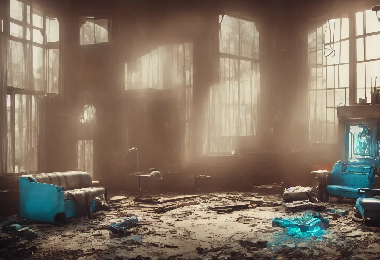 Image similar to intimate photograph of one single lone solitary cerulean and brown decaying futuristic robot lying on a frayed fainting couch in front of a beautiful fireplace with a cozy fire, in a dusty Victorian home, soft morning light seeping in a window, with cinematic lighting and lens flare, tall ceiling, octane render, cgsociety, by Simon Stalenhag and Rouhollah Toghyani and Sylvian Boussiron and Alfonso Cuaron, highly detailed closeup portrait, award-winning highly detailed 8k anamorphic closeup tight cinematic movie photograph