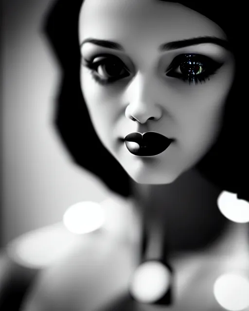 Prompt: black and white dreamy young beautiful female artificial intelligence, metropolis, cinematic, rim light, bokeh, photo - realistic, elegant, high detail, 8 k, masterpiece, photo taken in 1 9 3 0